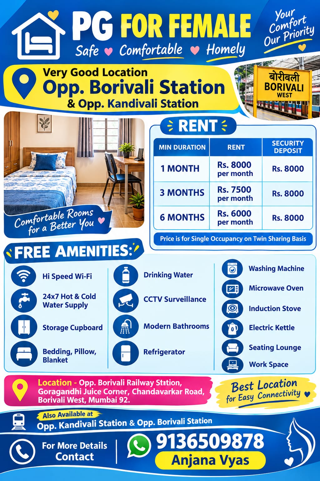 Female PG room in Borivali West, Mumbai